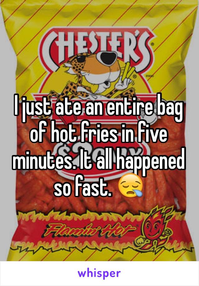 I just ate an entire bag of hot fries in five minutes. It all happened so fast. 😪