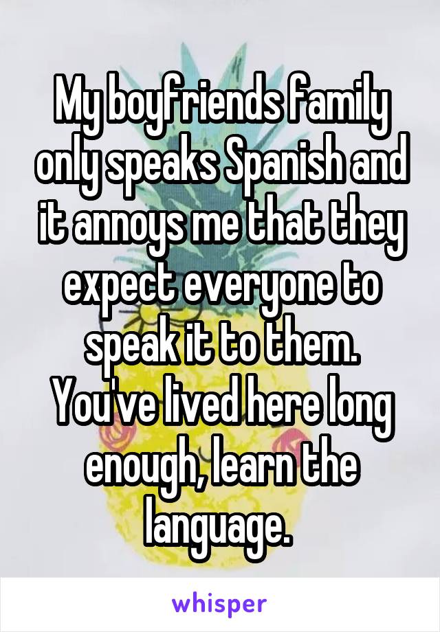 My boyfriends family only speaks Spanish and it annoys me that they expect everyone to speak it to them. You've lived here long enough, learn the language. 