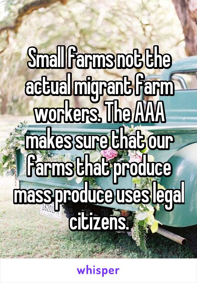 Small farms not the actual migrant farm workers. The AAA makes sure that our farms that produce mass produce uses legal citizens.