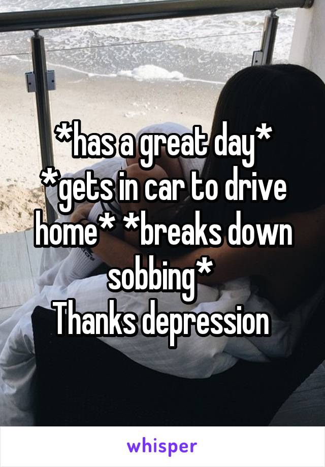 *has a great day* *gets in car to drive home* *breaks down sobbing* 
Thanks depression 