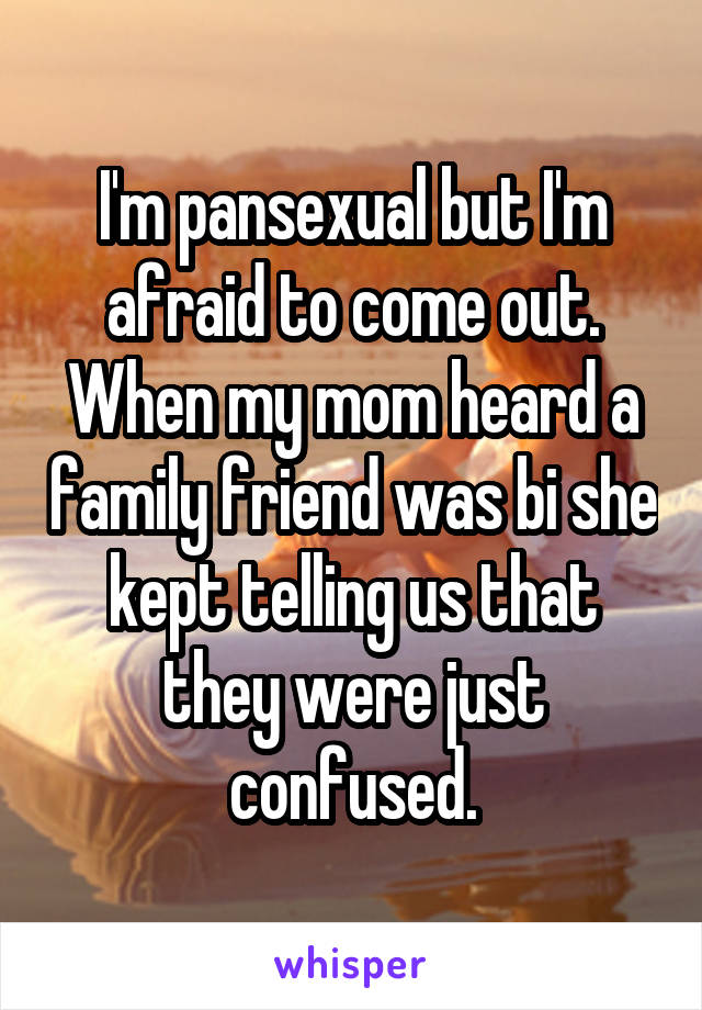 I'm pansexual but I'm afraid to come out. When my mom heard a family friend was bi she kept telling us that they were just confused.