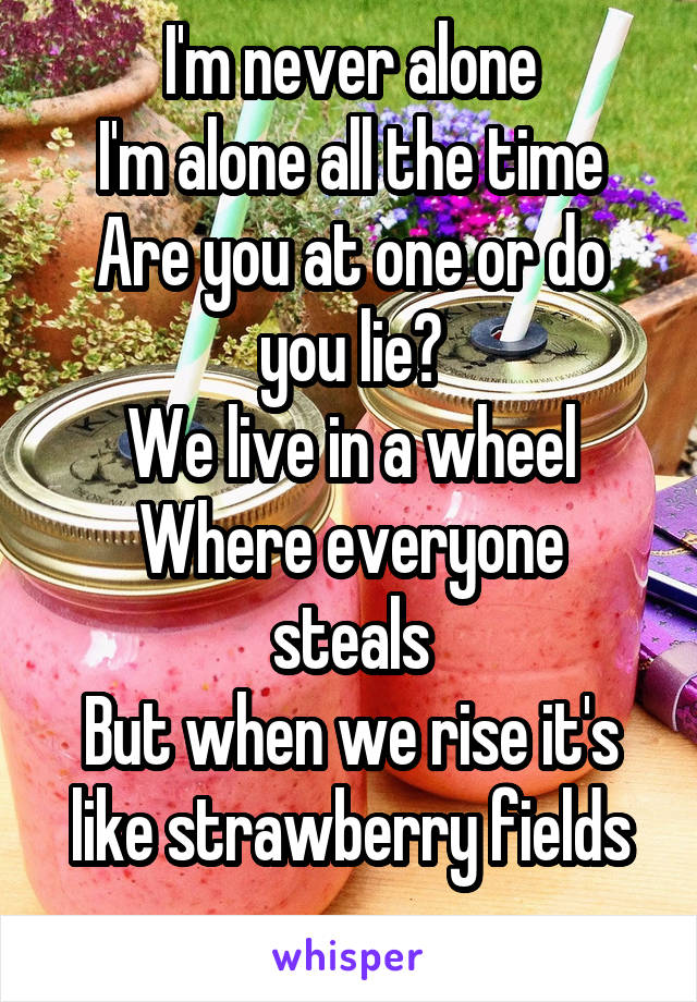 I'm never alone
I'm alone all the time
Are you at one or do you lie?
We live in a wheel
Where everyone steals
But when we rise it's like strawberry fields
