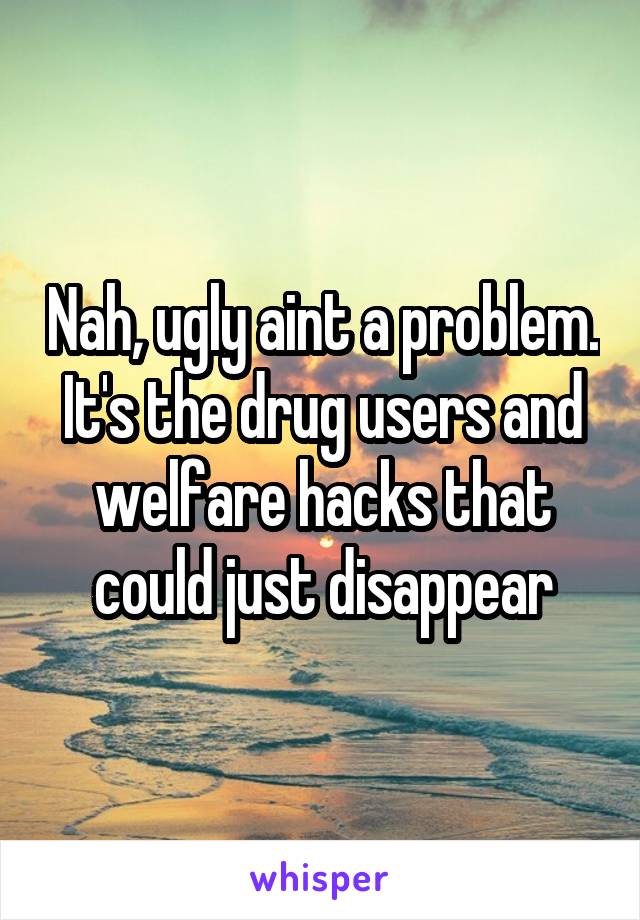 Nah, ugly aint a problem. It's the drug users and welfare hacks that could just disappear