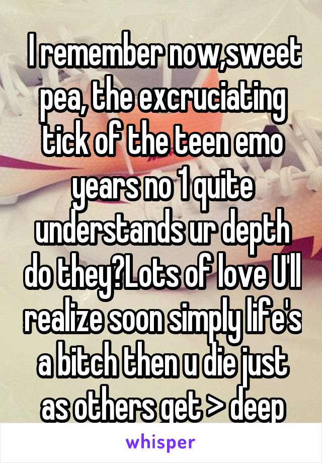 I remember now,sweet pea, the excruciating tick of the teen emo years no 1 quite understands ur depth do they?Lots of love U'll realize soon simply life's a bitch then u die just as others get > deep
