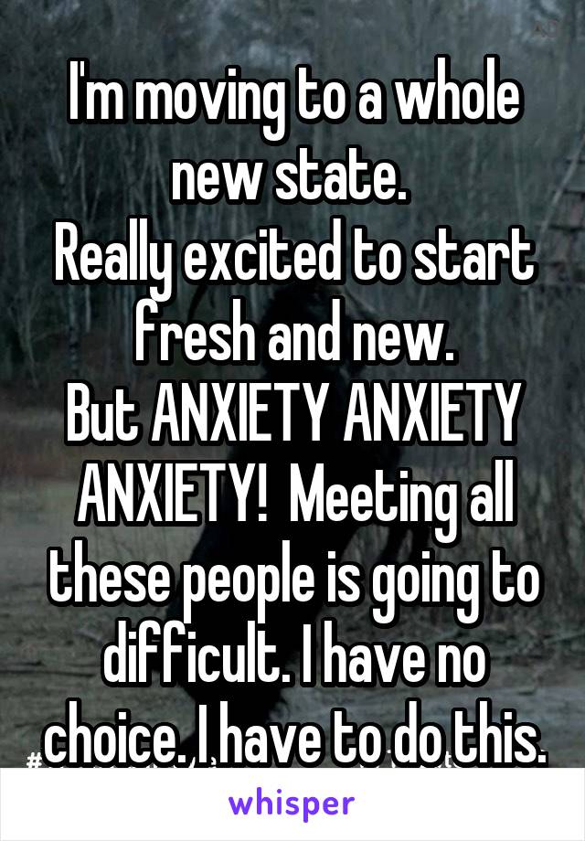 I'm moving to a whole new state. 
Really excited to start fresh and new.
But ANXIETY ANXIETY ANXIETY!  Meeting all these people is going to difficult. I have no choice. I have to do this.