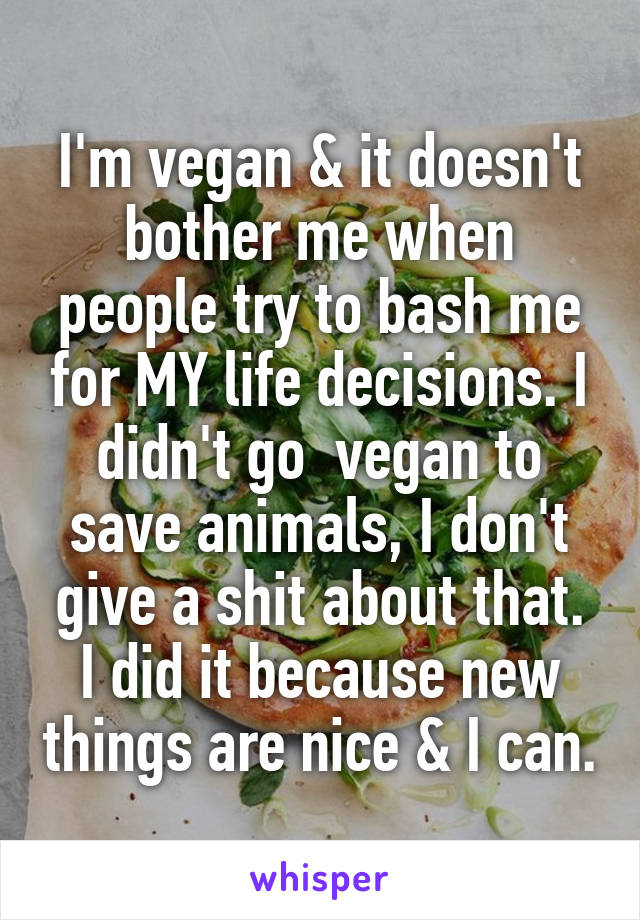 I'm vegan & it doesn't bother me when people try to bash me for MY life decisions. I didn't go  vegan to save animals, I don't give a shit about that. I did it because new things are nice & I can.