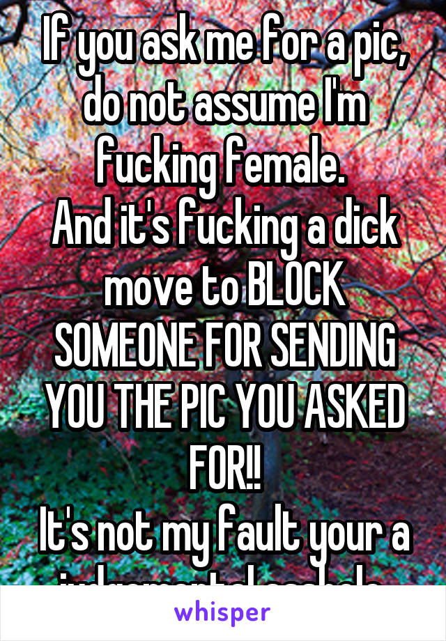 If you ask me for a pic, do not assume I'm fucking female. 
And it's fucking a dick move to BLOCK SOMEONE FOR SENDING YOU THE PIC YOU ASKED FOR!!
It's not my fault your a judgemental asshole 