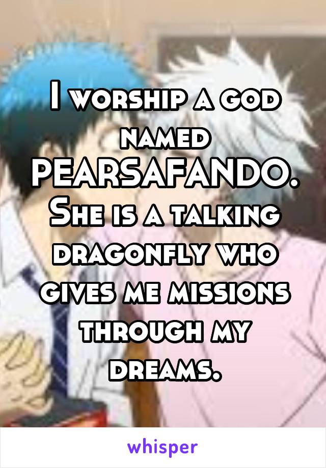 I worship a god named PEARSAFANDO. She is a talking dragonfly who gives me missions through my dreams.