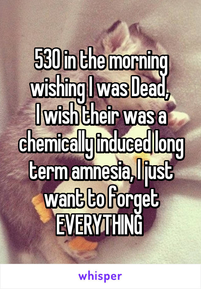 530 in the morning wishing I was Dead, 
I wish their was a chemically induced long term amnesia, I just want to forget EVERYTHING 