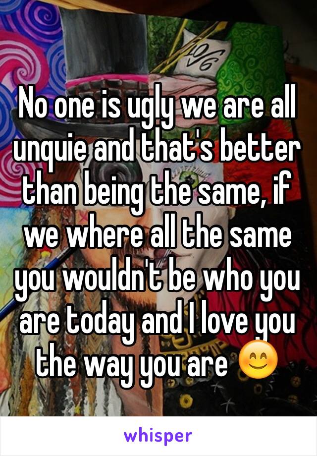 No one is ugly we are all unquie and that's better than being the same, if we where all the same you wouldn't be who you are today and I love you the way you are 😊