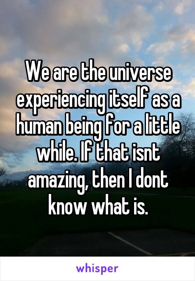 We are the universe experiencing itself as a human being for a little while. If that isnt amazing, then I dont know what is.