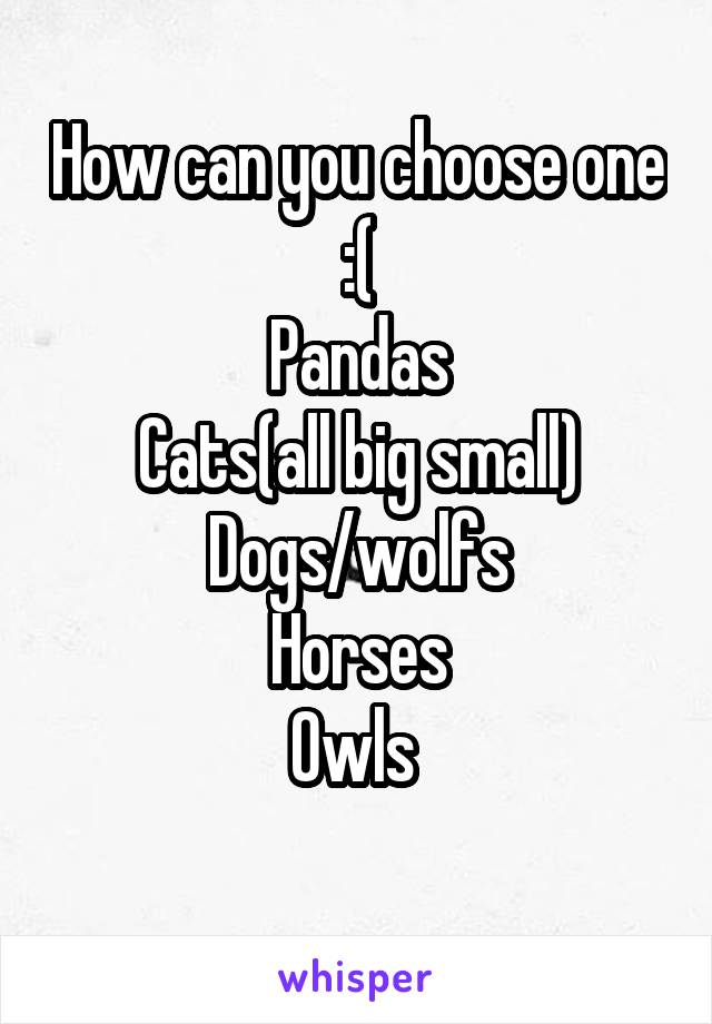 How can you choose one :(
Pandas
Cats(all big small)
Dogs/wolfs
Horses
Owls 
