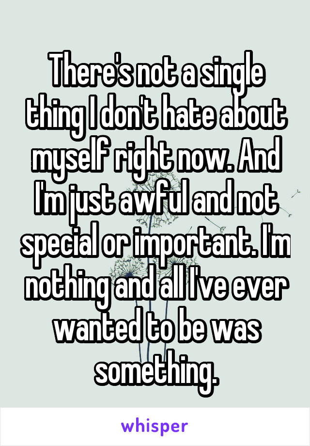 There's not a single thing I don't hate about myself right now. And I'm just awful and not special or important. I'm nothing and all I've ever wanted to be was something.