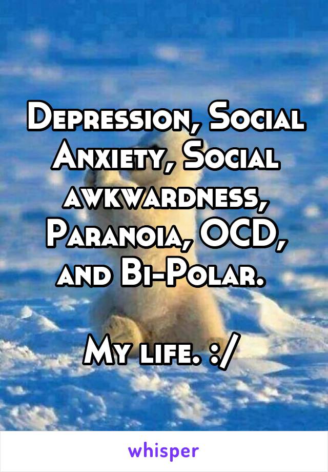 Depression, Social Anxiety, Social awkwardness, Paranoia, OCD, and Bi-Polar. 

My life. :/ 