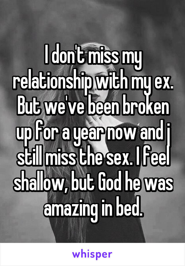 I don't miss my relationship with my ex. But we've been broken up for a year now and j still miss the sex. I feel shallow, but God he was amazing in bed.