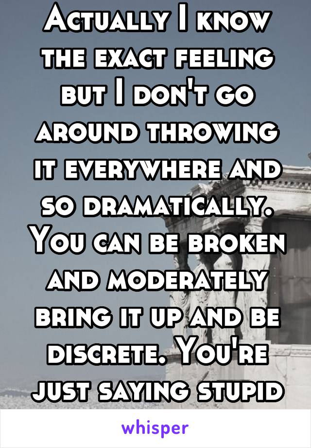 Actually I know the exact feeling but I don't go around throwing it everywhere and so dramatically. You can be broken and moderately bring it up and be discrete. You're just saying stupid teenage shit