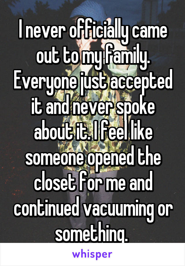 I never officially came out to my family. Everyone just accepted it and never spoke about it. I feel like someone opened the closet for me and continued vacuuming or something. 