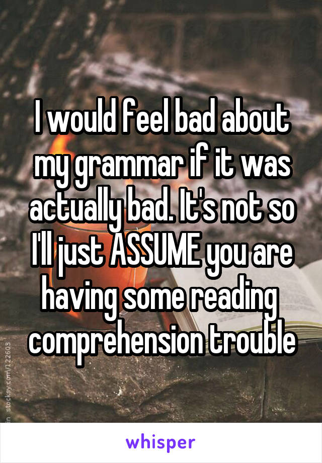 I would feel bad about my grammar if it was actually bad. It's not so I'll just ASSUME you are having some reading  comprehension trouble