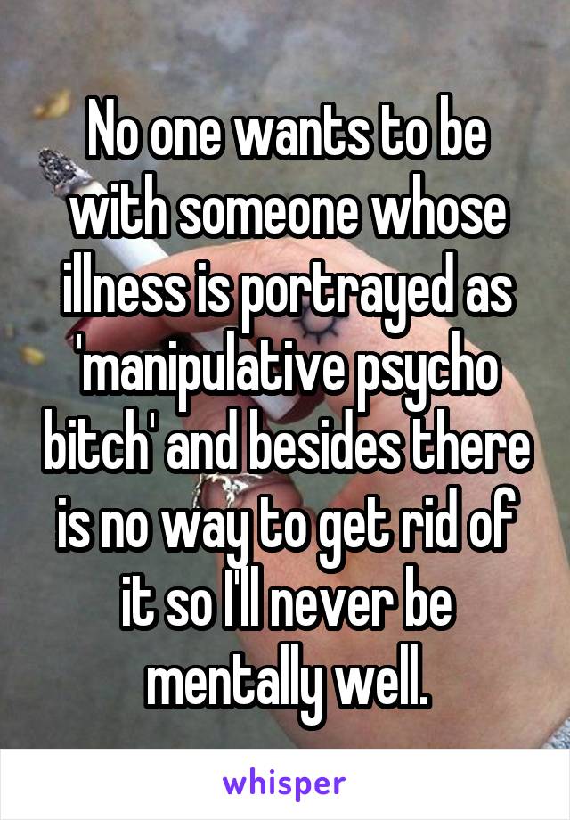 No one wants to be with someone whose illness is portrayed as 'manipulative psycho bitch' and besides there is no way to get rid of it so I'll never be mentally well.