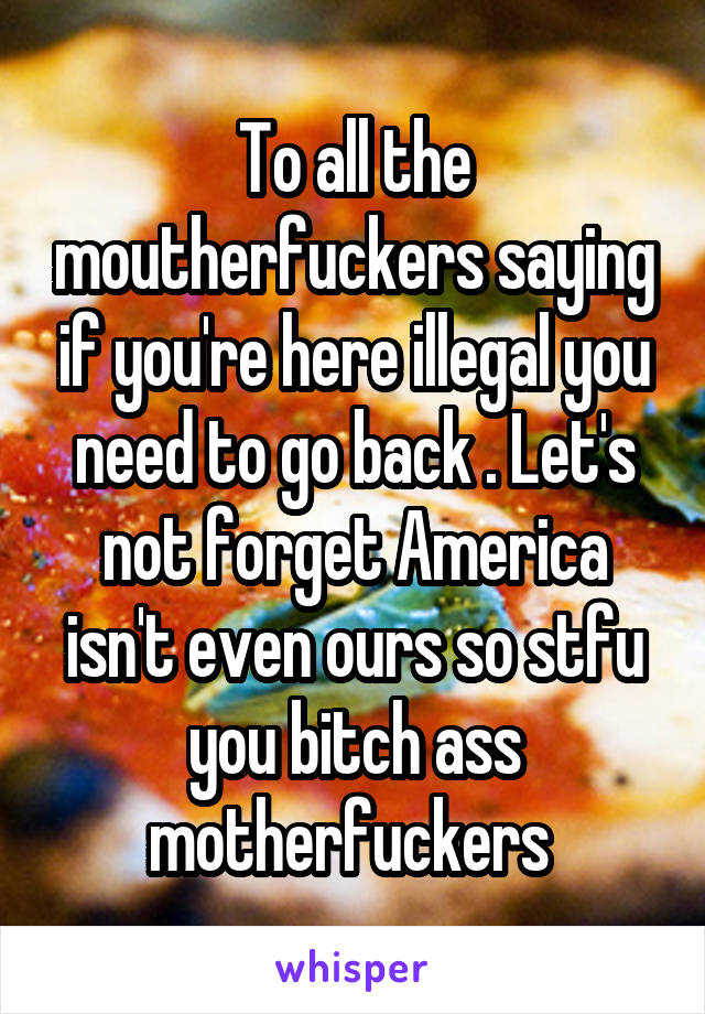 To all the moutherfuckers saying if you're here illegal you need to go back . Let's not forget America isn't even ours so stfu you bitch ass motherfuckers 