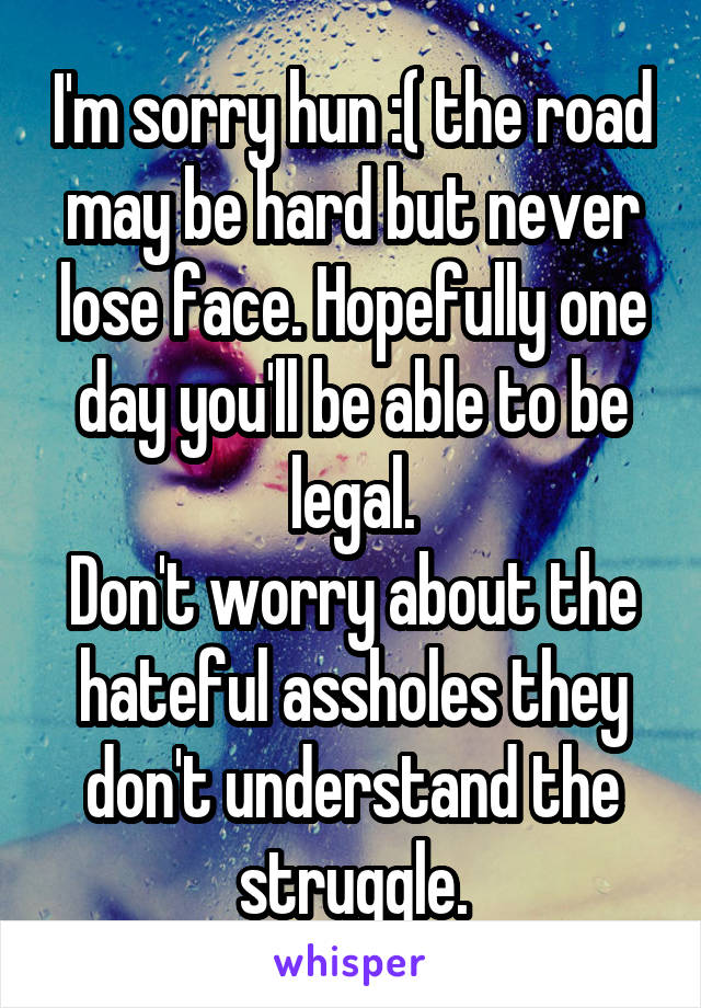 I'm sorry hun :( the road may be hard but never lose face. Hopefully one day you'll be able to be legal.
Don't worry about the hateful assholes they don't understand the struggle.