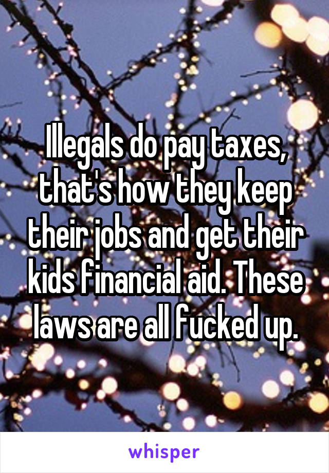 Illegals do pay taxes, that's how they keep their jobs and get their kids financial aid. These laws are all fucked up.