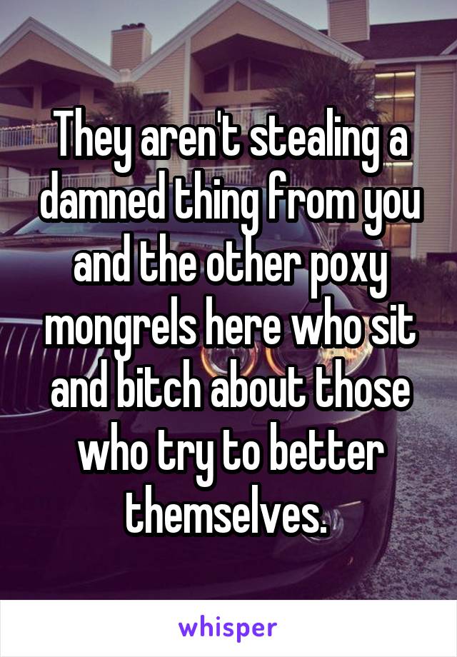 They aren't stealing a damned thing from you and the other poxy mongrels here who sit and bitch about those who try to better themselves. 