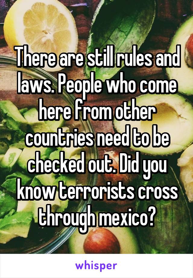 There are still rules and laws. People who come here from other countries need to be checked out. Did you know terrorists cross through mexico?