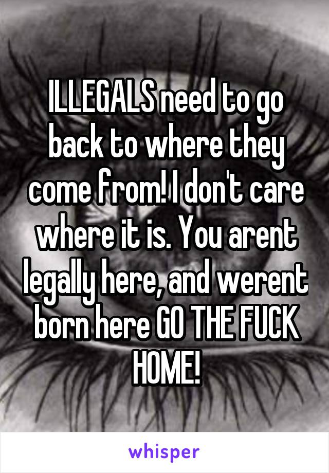 ILLEGALS need to go back to where they come from! I don't care where it is. You arent legally here, and werent born here GO THE FUCK HOME!