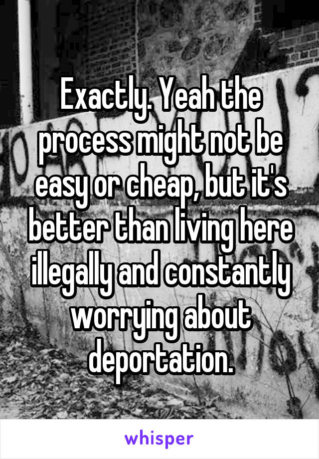 Exactly. Yeah the process might not be easy or cheap, but it's better than living here illegally and constantly worrying about deportation.