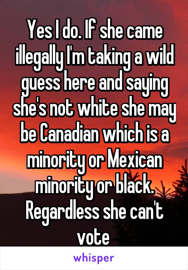 Yes I do. If she came illegally I'm taking a wild guess here and saying she's not white she may be Canadian which is a minority or Mexican minority or black. Regardless she can't vote 