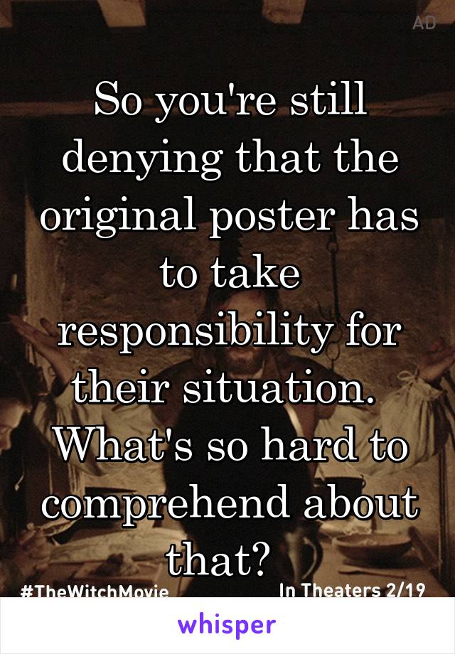 So you're still denying that the original poster has to take responsibility for their situation.  What's so hard to comprehend about that?  