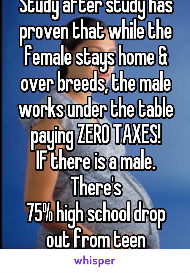 Study after study has proven that while the female stays home & over breeds, the male works under the table paying ZERO TAXES!
IF there is a male. There's
75% high school drop out from teen pregnancy