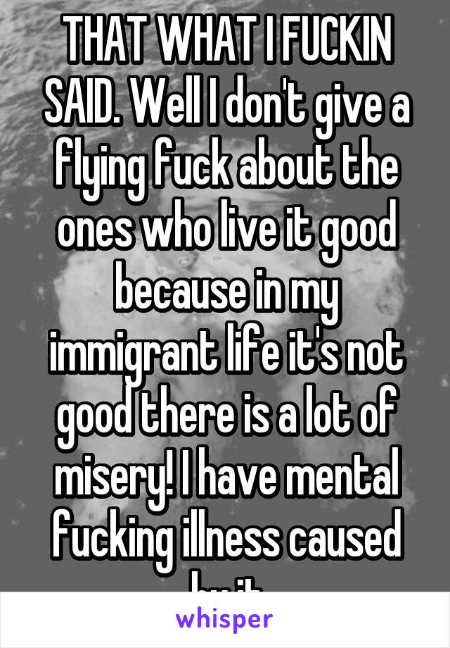 THAT WHAT I FUCKIN SAID. Well I don't give a flying fuck about the ones who live it good because in my immigrant life it's not good there is a lot of misery! I have mental fucking illness caused by it