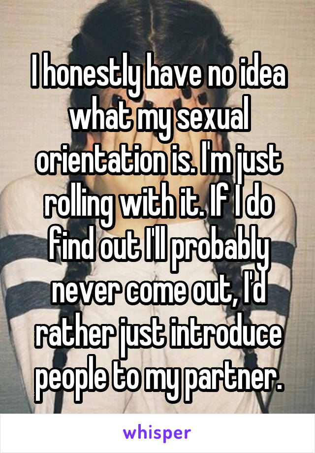 I honestly have no idea what my sexual orientation is. I'm just rolling with it. If I do find out I'll probably never come out, I'd rather just introduce people to my partner.