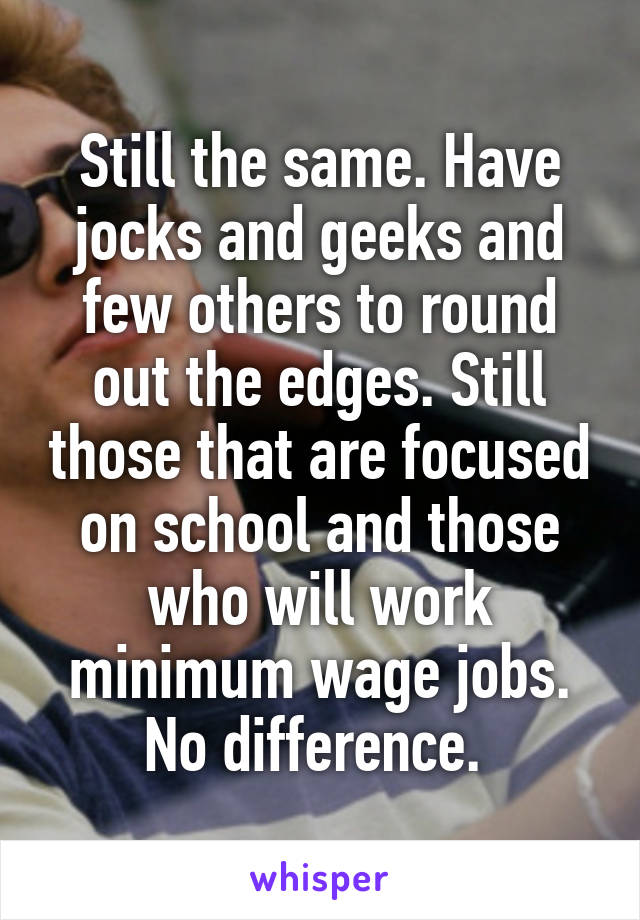 Still the same. Have jocks and geeks and few others to round out the edges. Still those that are focused on school and those who will work minimum wage jobs. No difference. 