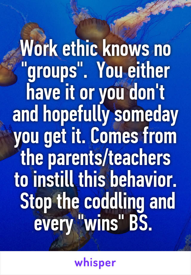 Work ethic knows no "groups".  You either have it or you don't and hopefully someday you get it. Comes from the parents/teachers to instill this behavior.  Stop the coddling and every "wins" BS. 