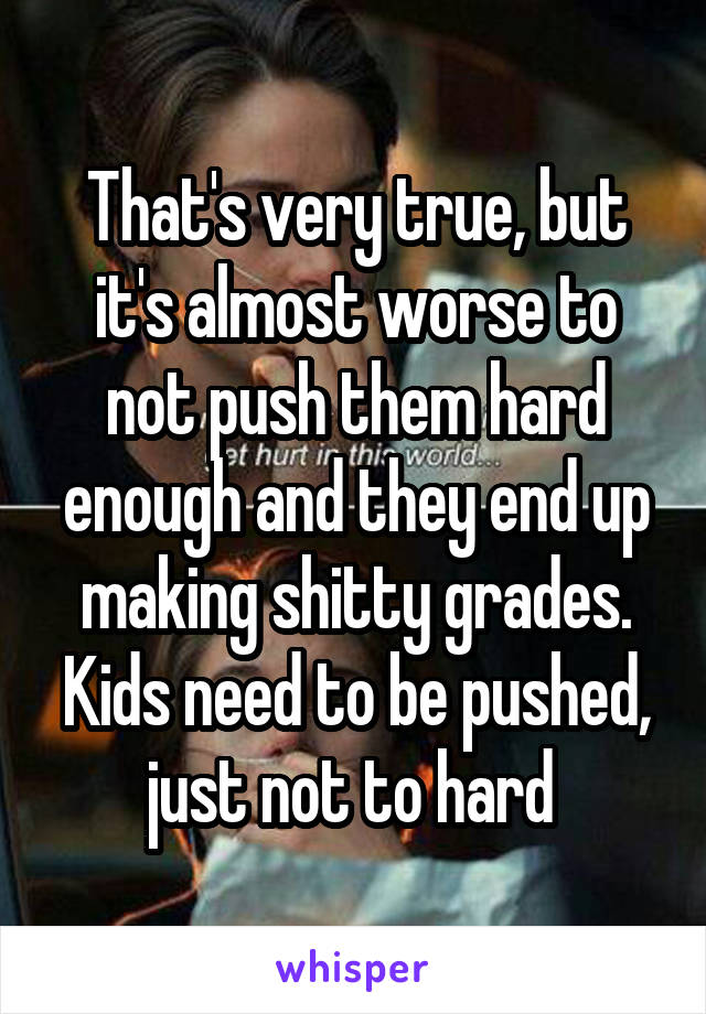 That's very true, but it's almost worse to not push them hard enough and they end up making shitty grades. Kids need to be pushed, just not to hard 