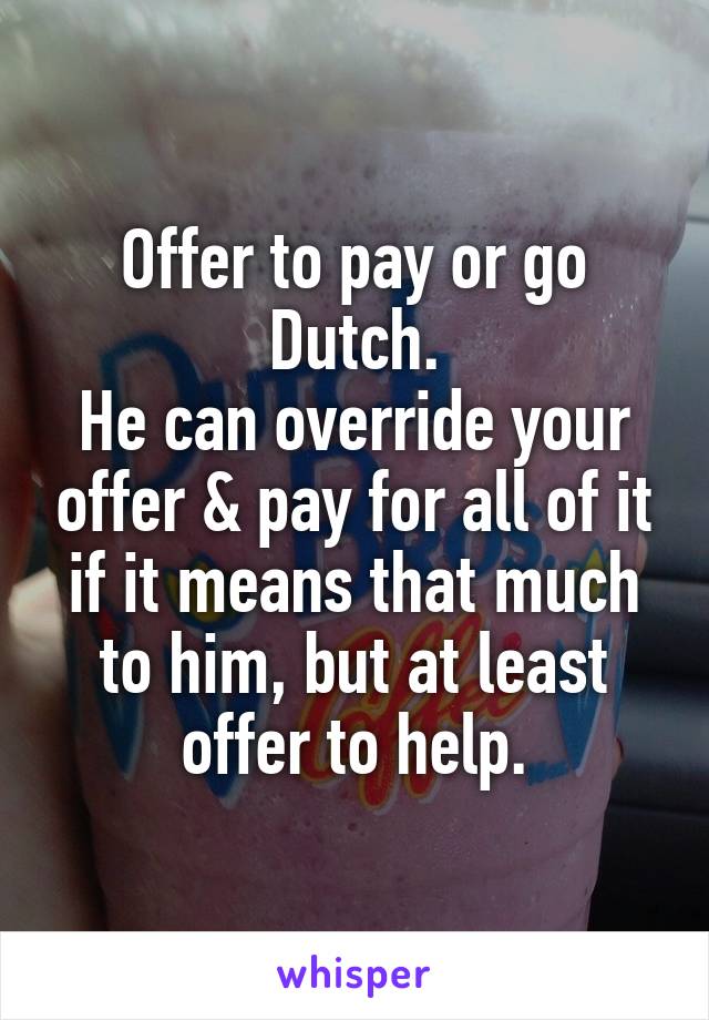 Offer to pay or go Dutch.
He can override your offer & pay for all of it if it means that much to him, but at least offer to help.