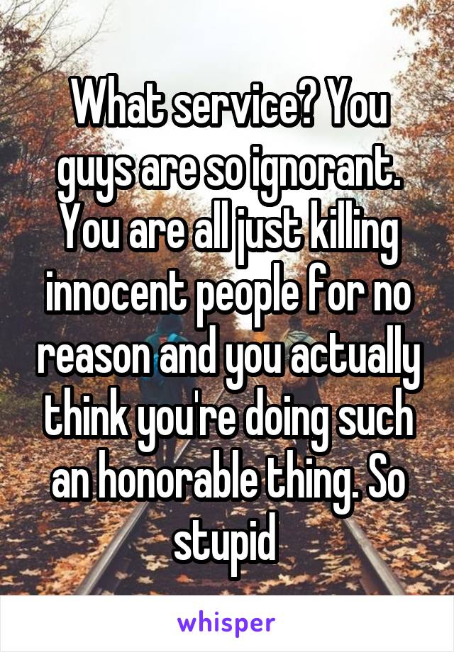 What service? You guys are so ignorant. You are all just killing innocent people for no reason and you actually think you're doing such an honorable thing. So stupid 