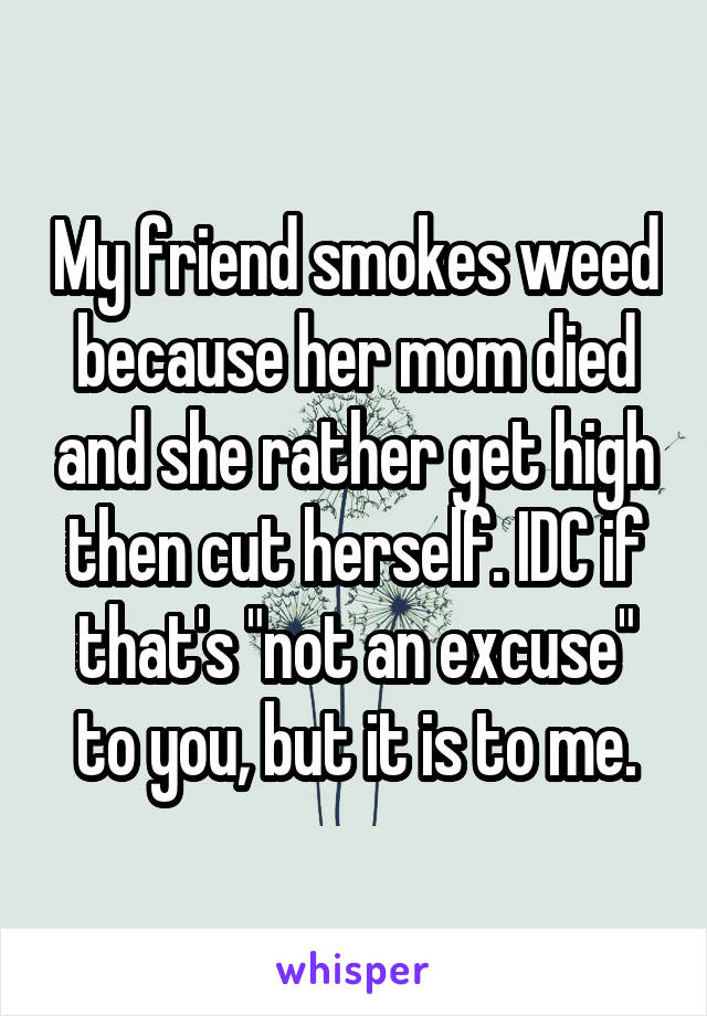 My friend smokes weed because her mom died and she rather get high then cut herself. IDC if that's "not an excuse" to you, but it is to me.