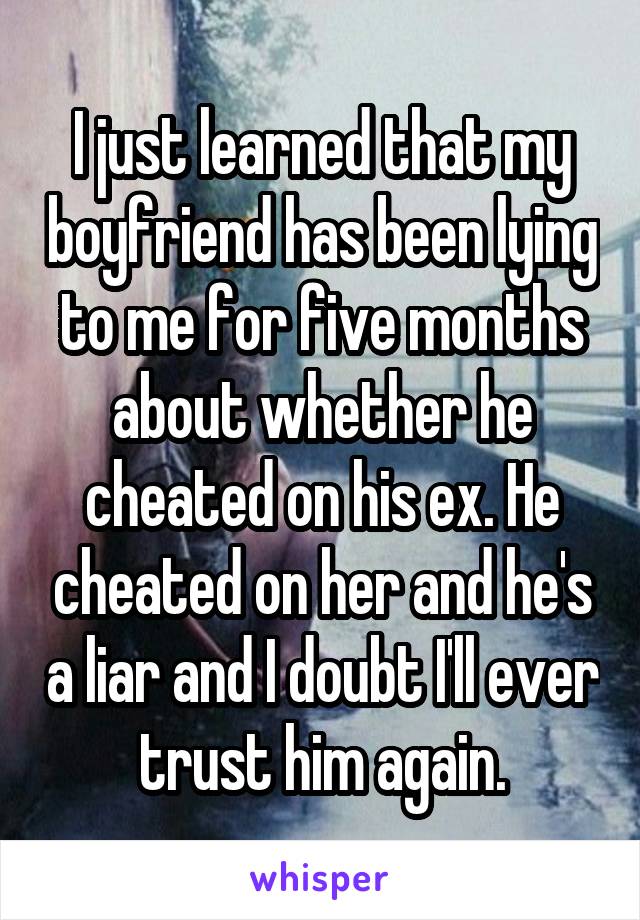 I just learned that my boyfriend has been lying to me for five months about whether he cheated on his ex. He cheated on her and he's a liar and I doubt I'll ever trust him again.