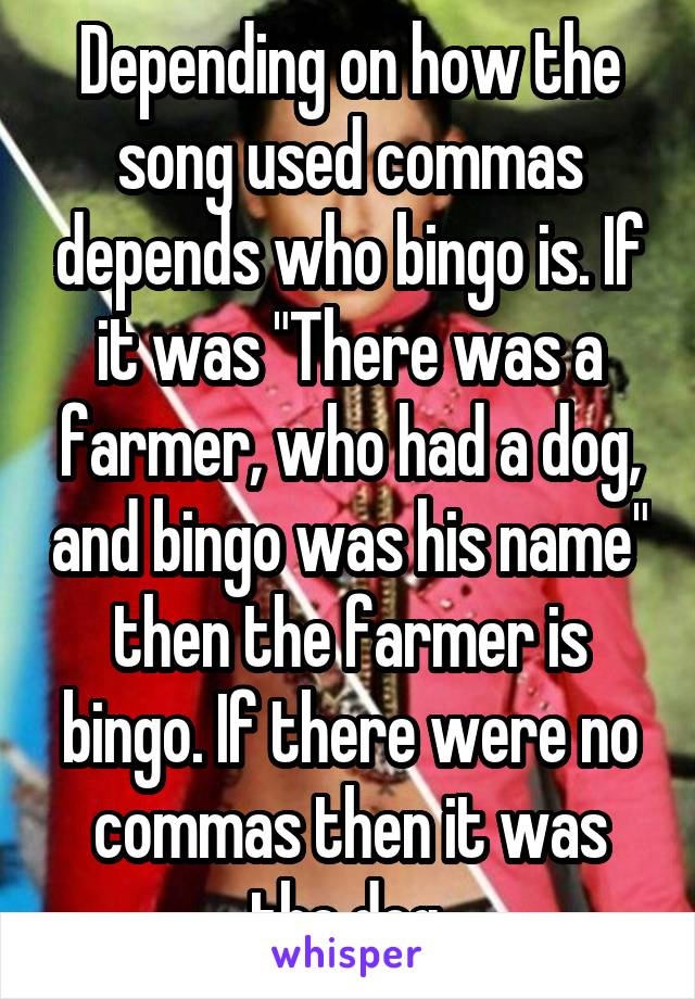 Depending on how the song used commas depends who bingo is. If it was "There was a farmer, who had a dog, and bingo was his name" then the farmer is bingo. If there were no commas then it was the dog.