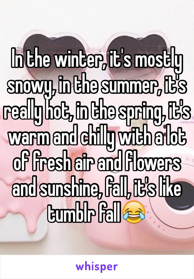 In the winter, it's mostly snowy, in the summer, it's really hot, in the spring, it's warm and chilly with a lot of fresh air and flowers and sunshine, fall, it's like tumblr fall😂