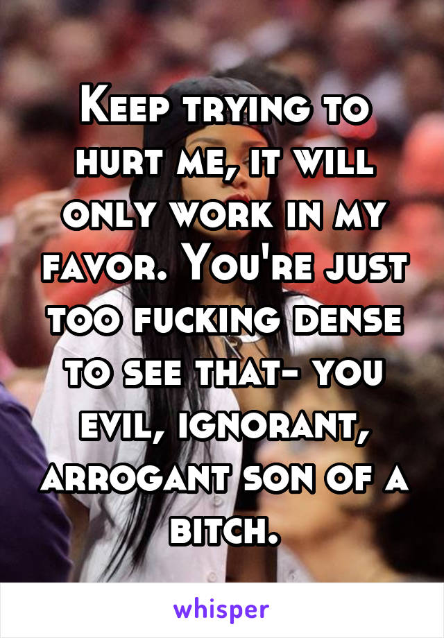 Keep trying to hurt me, it will only work in my favor. You're just too fucking dense to see that- you evil, ignorant, arrogant son of a bitch.