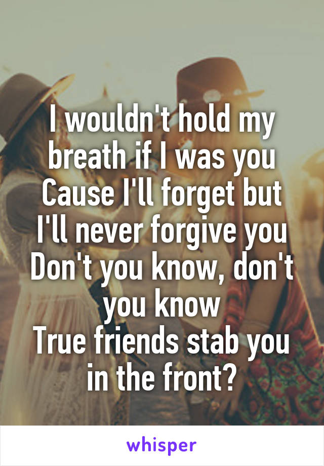 
I wouldn't hold my breath if I was you
Cause I'll forget but I'll never forgive you
Don't you know, don't you know
True friends stab you in the front?