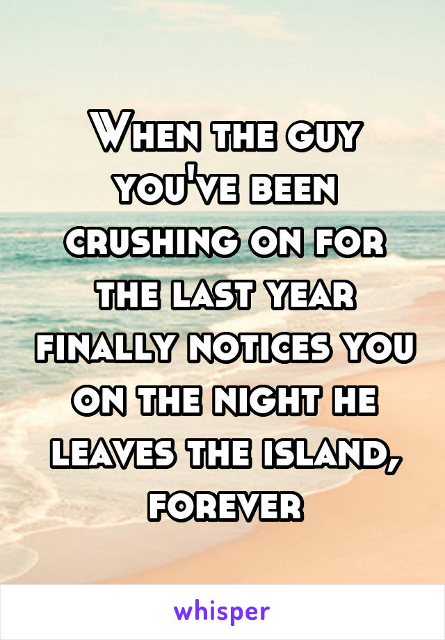 When the guy you've been crushing on for the last year finally notices you on the night he leaves the island, forever
