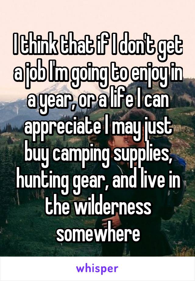I think that if I don't get a job I'm going to enjoy in a year, or a life I can appreciate I may just buy camping supplies, hunting gear, and live in the wilderness somewhere