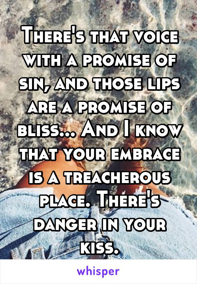 There's that voice with a promise of sin, and those lips are a promise of bliss... And I know that your embrace is a treacherous place. There's danger in your kiss.