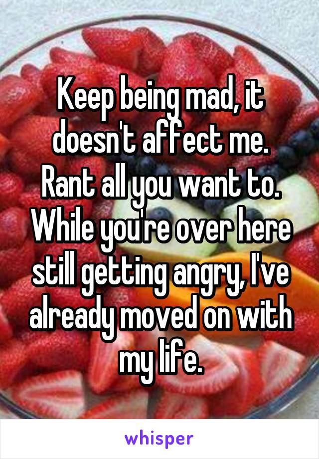 Keep being mad, it doesn't affect me.
Rant all you want to. While you're over here still getting angry, I've already moved on with my life.